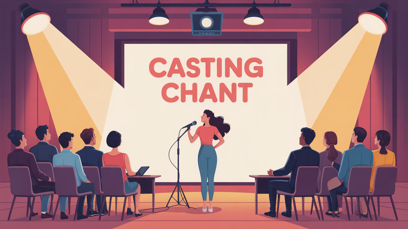 Image de casting chant, chanteur devant jury sous projecteur