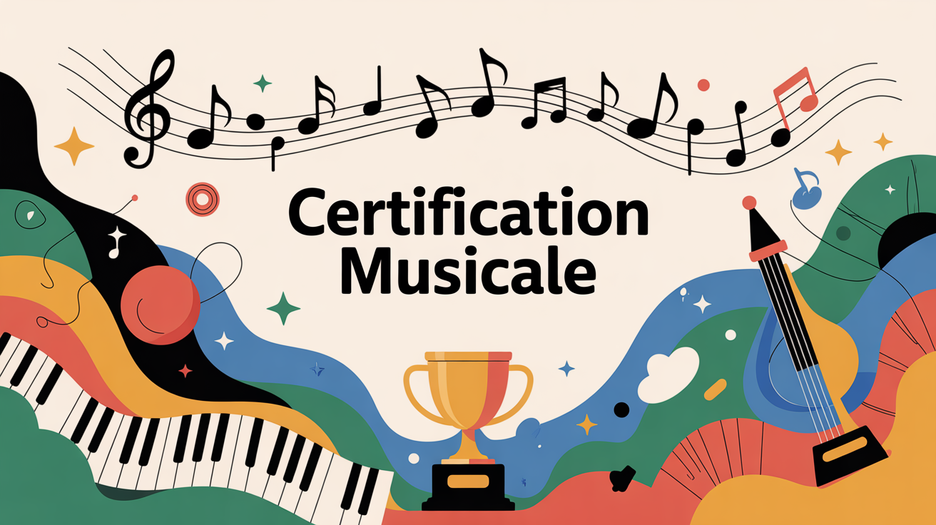 Illustration certification musicale notes micros partitions trophées