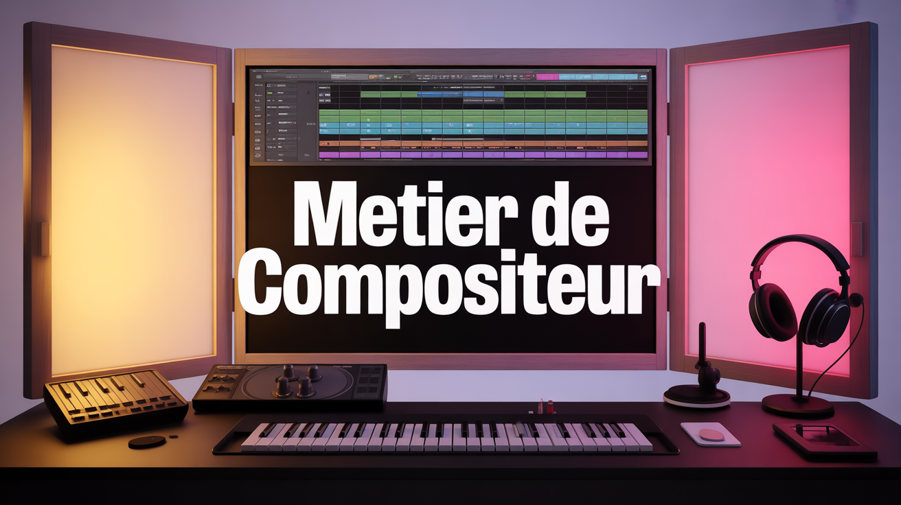 Table studio metier de compositeur avec partitions et logiciel musique