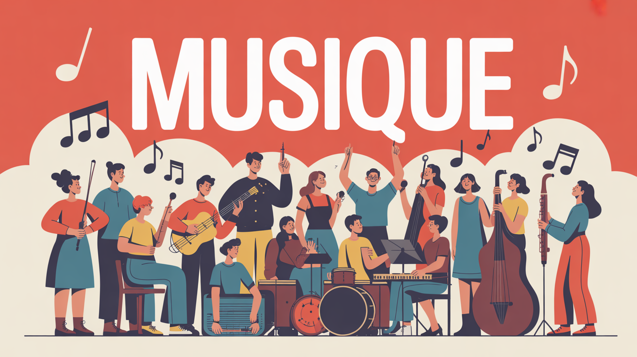 Scène musicale collective avec instruments et ambiance joyeuse