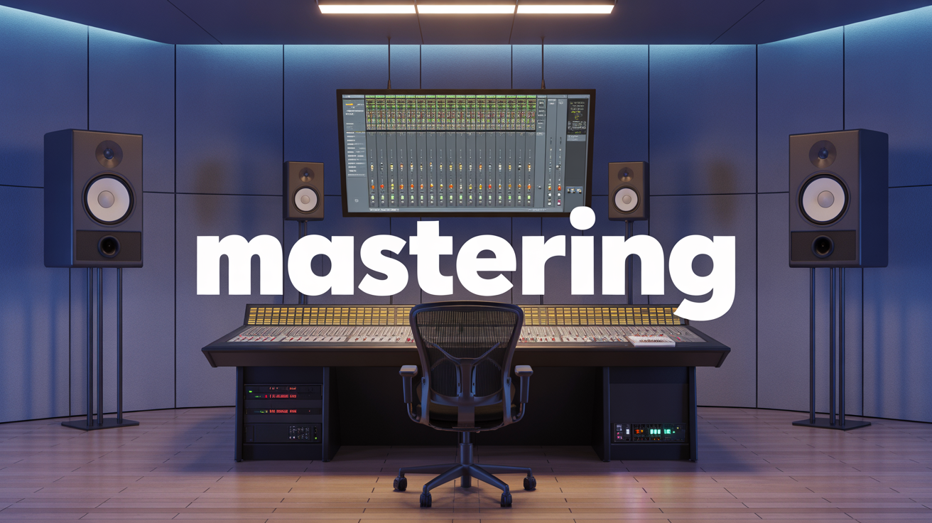 Vue d'un studio de mastering avec ecran et enceintes