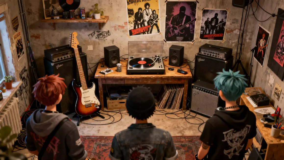 Studio DIY punk hip-hop Beastie Boys instruments