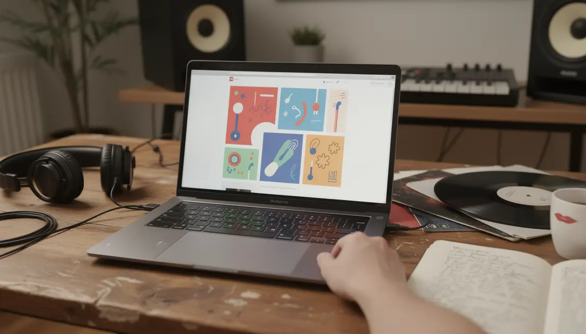 Blog musical sur ordinateur avec vinyles et casque audio