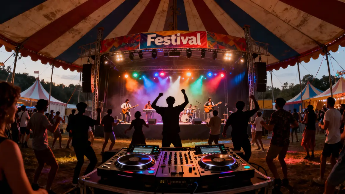 Scène festival électro swing DJ et musiciens traditionnels sous chapiteau