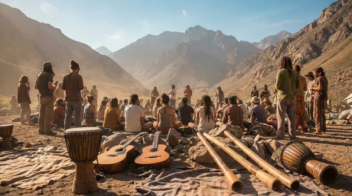 Vue des montagnes avec instruments, foule et ambiance Free Tibet Hilight Tribe