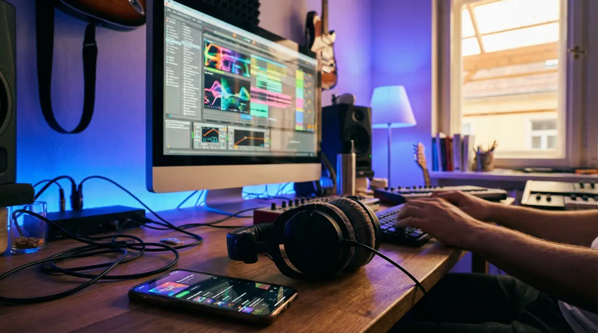 bureau moderne avec plateformes musique electro gratuite