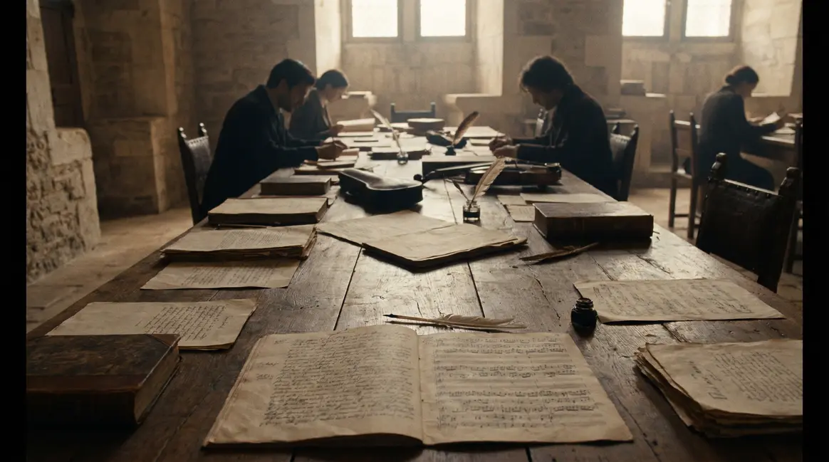 Salle d archives avec partitions manuscrites anciennes recherche musical