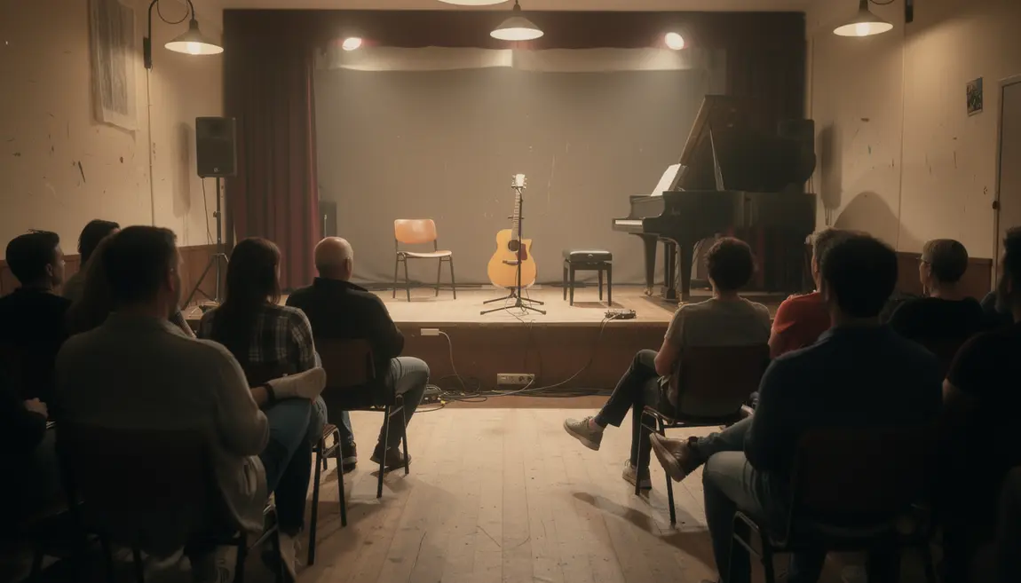 Salle concert unplugged intimiste avec musiciens et public proche
