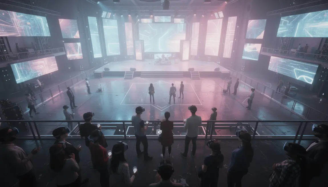 Salle de concert VR immersive avec avatars et lumières néon