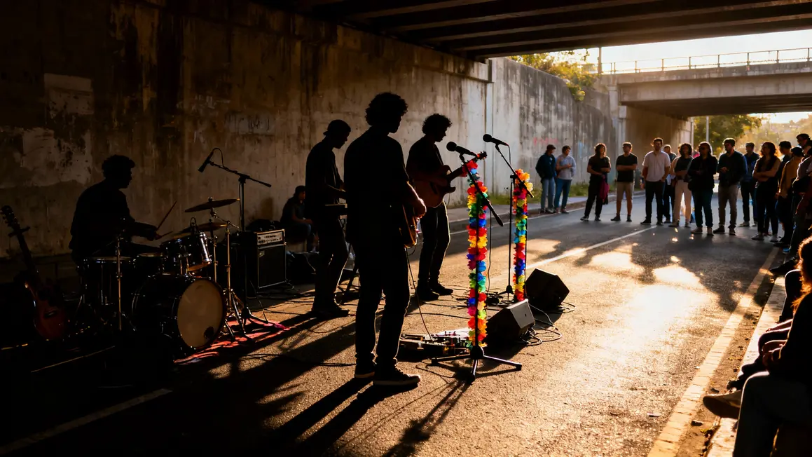 musiciens de rue sous un pont urbain