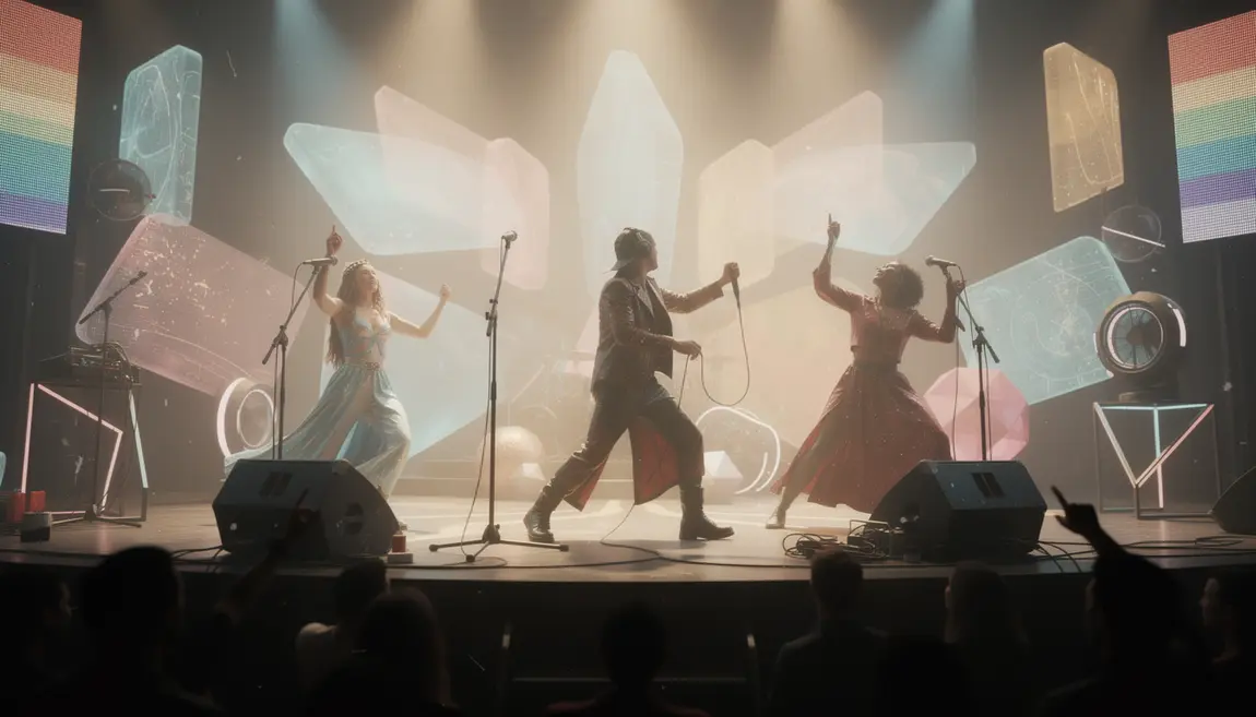 Artistes en costumes avec hologrammes sur scène immersive
