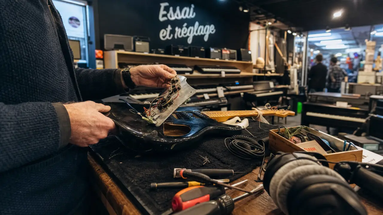 Magasin de musique clermont ferrand : vendeur ajuste une guitare en magasin