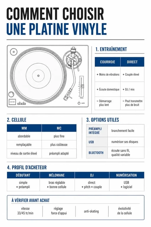 Platine vinyle comment choisir : comparatif visuel des critères essentiels selon l’usage et la connectique