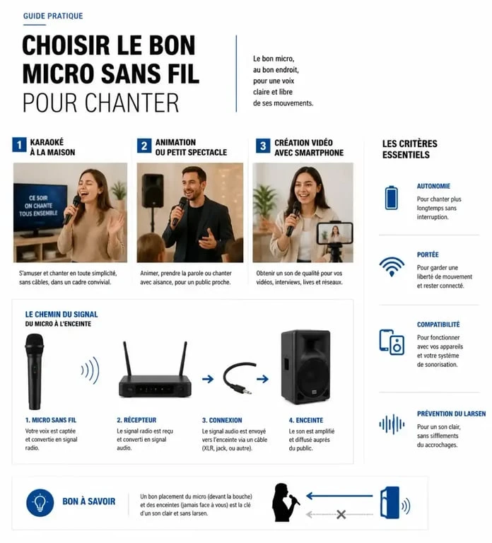 Infographie pour choisir un micro sans fil pour chanter selon l’usage et l’installation
