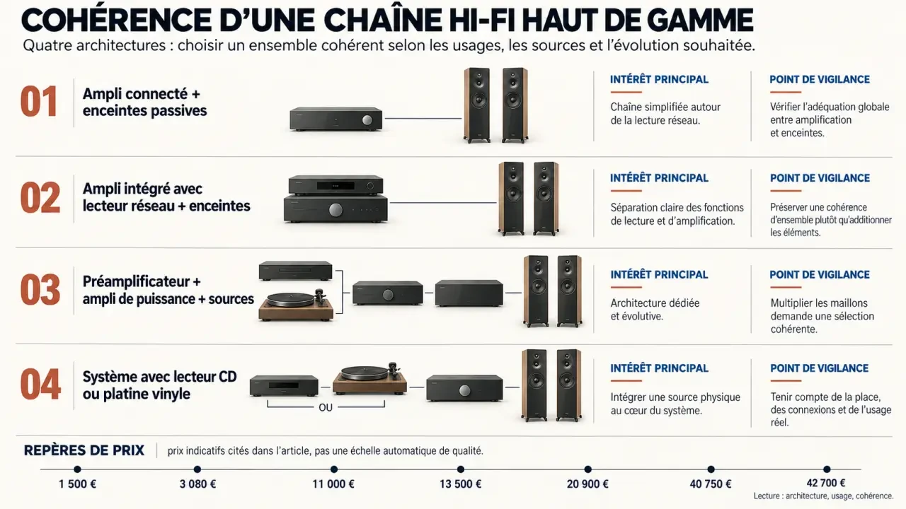 Infographie sur une chaîne hi-fi haut de gamme : architectures audio, points de vigilance et exemples de prix
